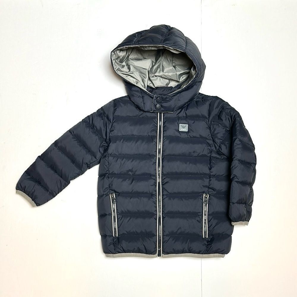 Armani Junior Boy’s Puffer Jacket Navy Blue Zip Front Hooded Chest Logo size 4